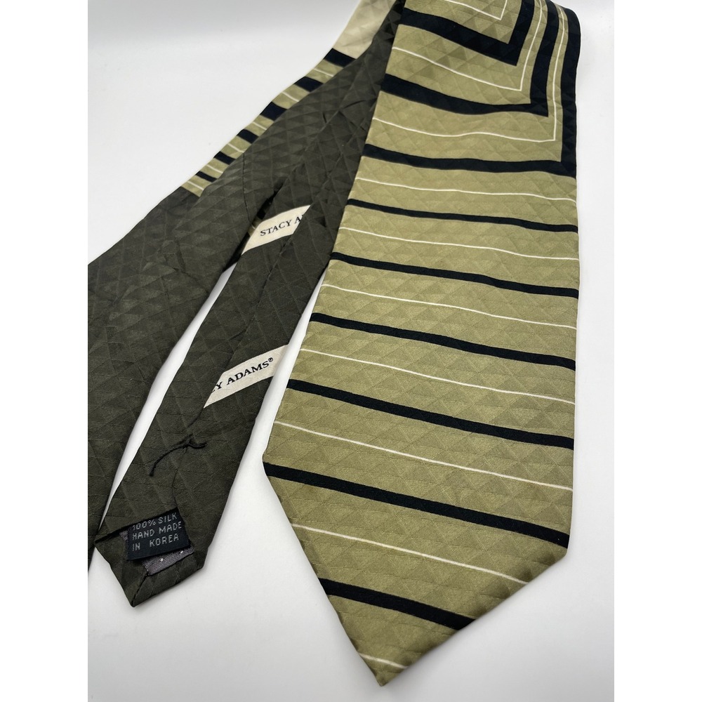 Stacy Adams Mens Silk Tie Olive Green Black Striped Geometric Jacquard Hand Made